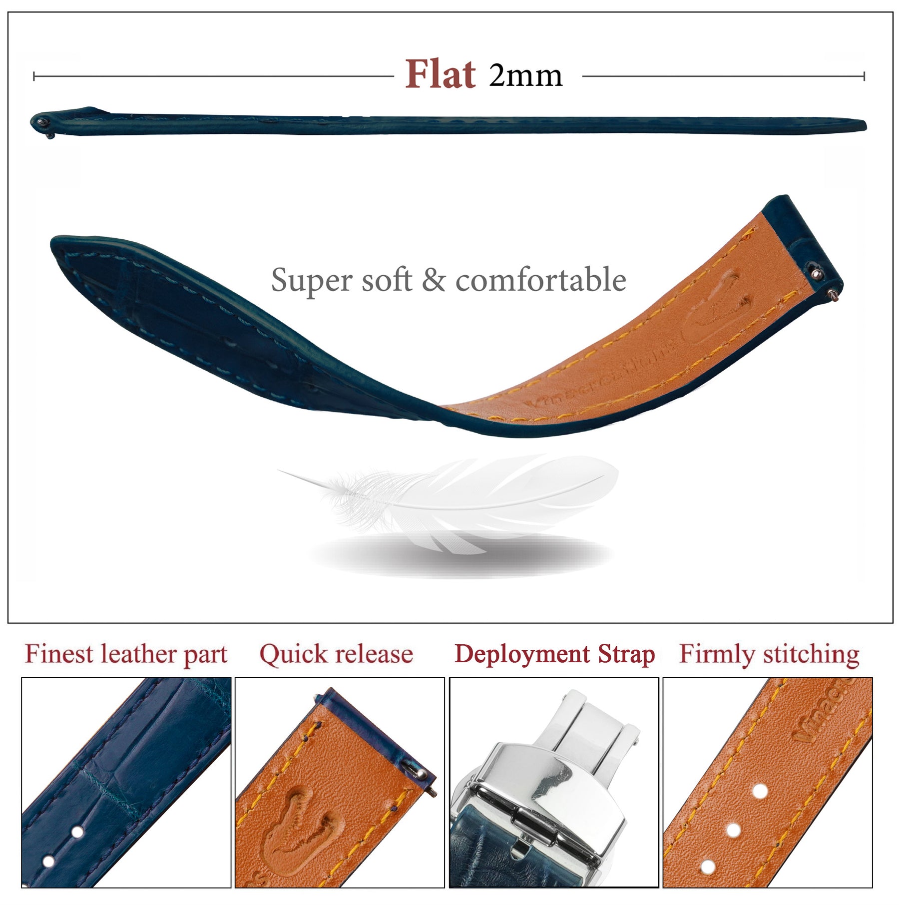 Blue Flat Alligator Belly Leather Watch Strap with Deployment Clasp