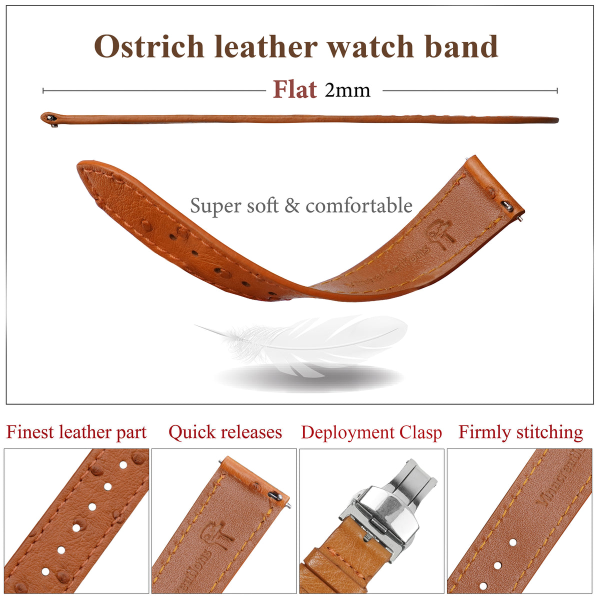 Slim Tan FLat Ostrich Leather Watch Band width Deployment Clasp