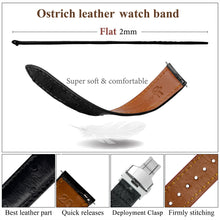 Slim Black FLat Ostrich Leather Watch Band width Deployment Clasp
