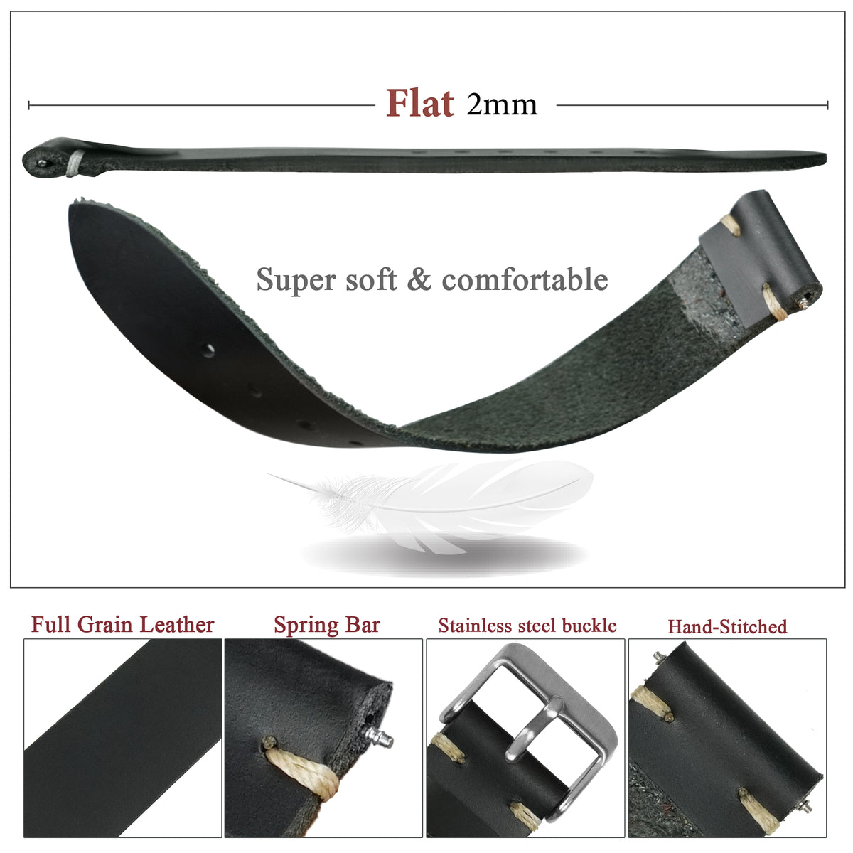 Vintage Slim Hand-Stitched Black Leather Watch Band