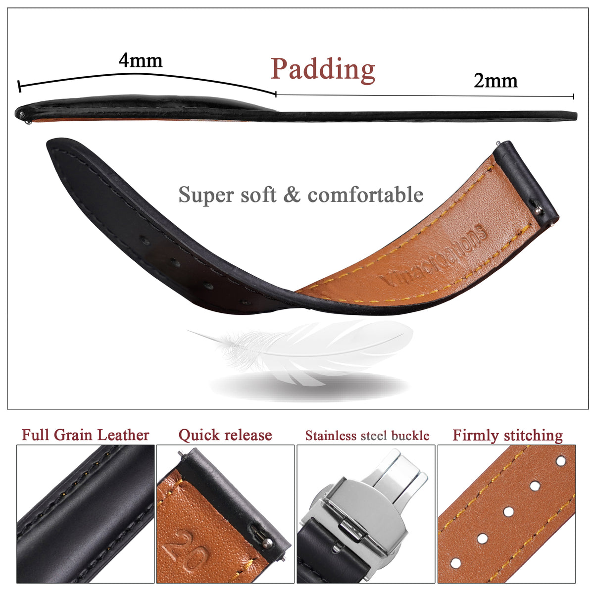 Padded Black Full Grain Leather Watch Strap with Deployment Clasp
