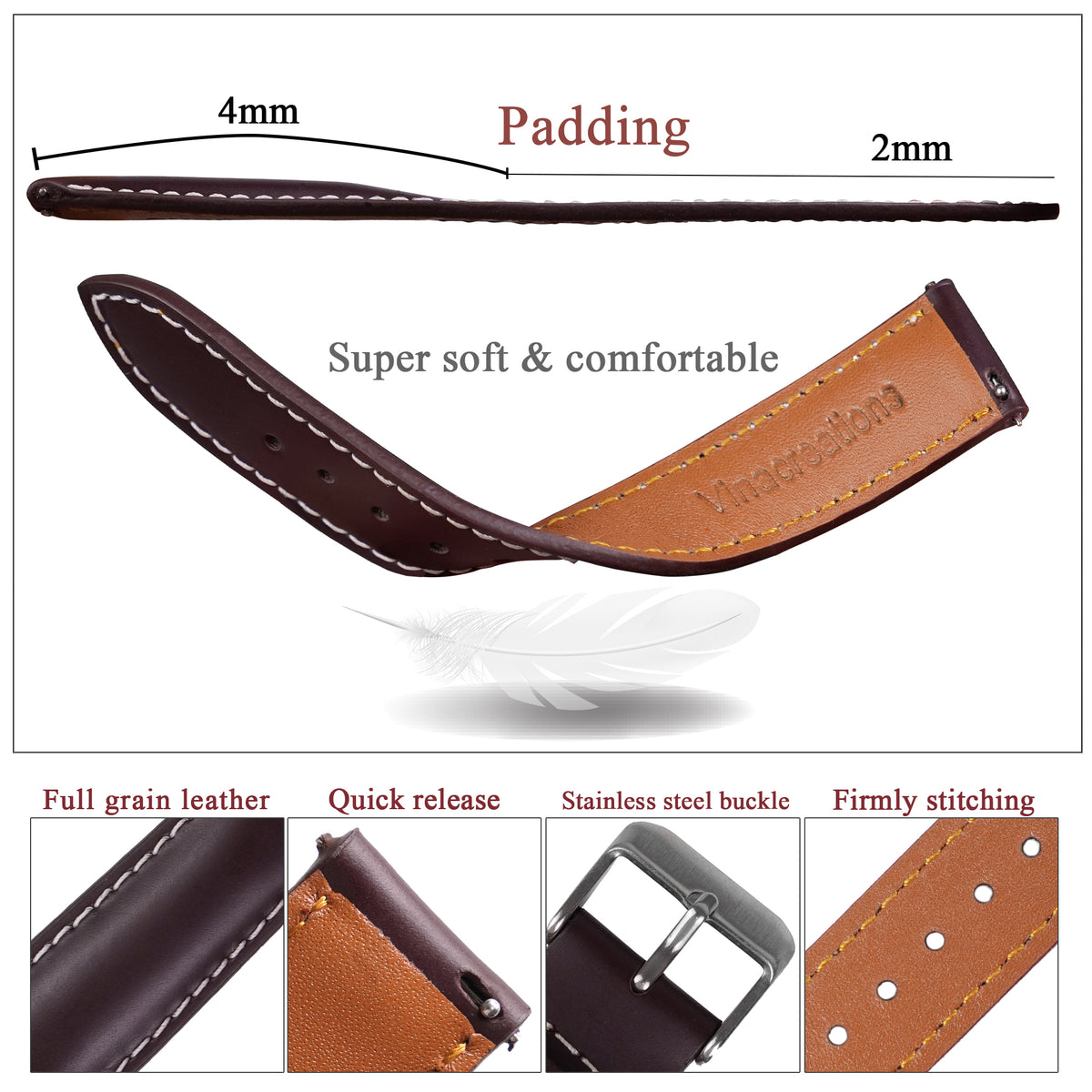 Padded Burgundy Full Grain Watch Strap with White Stitching Quick Release
