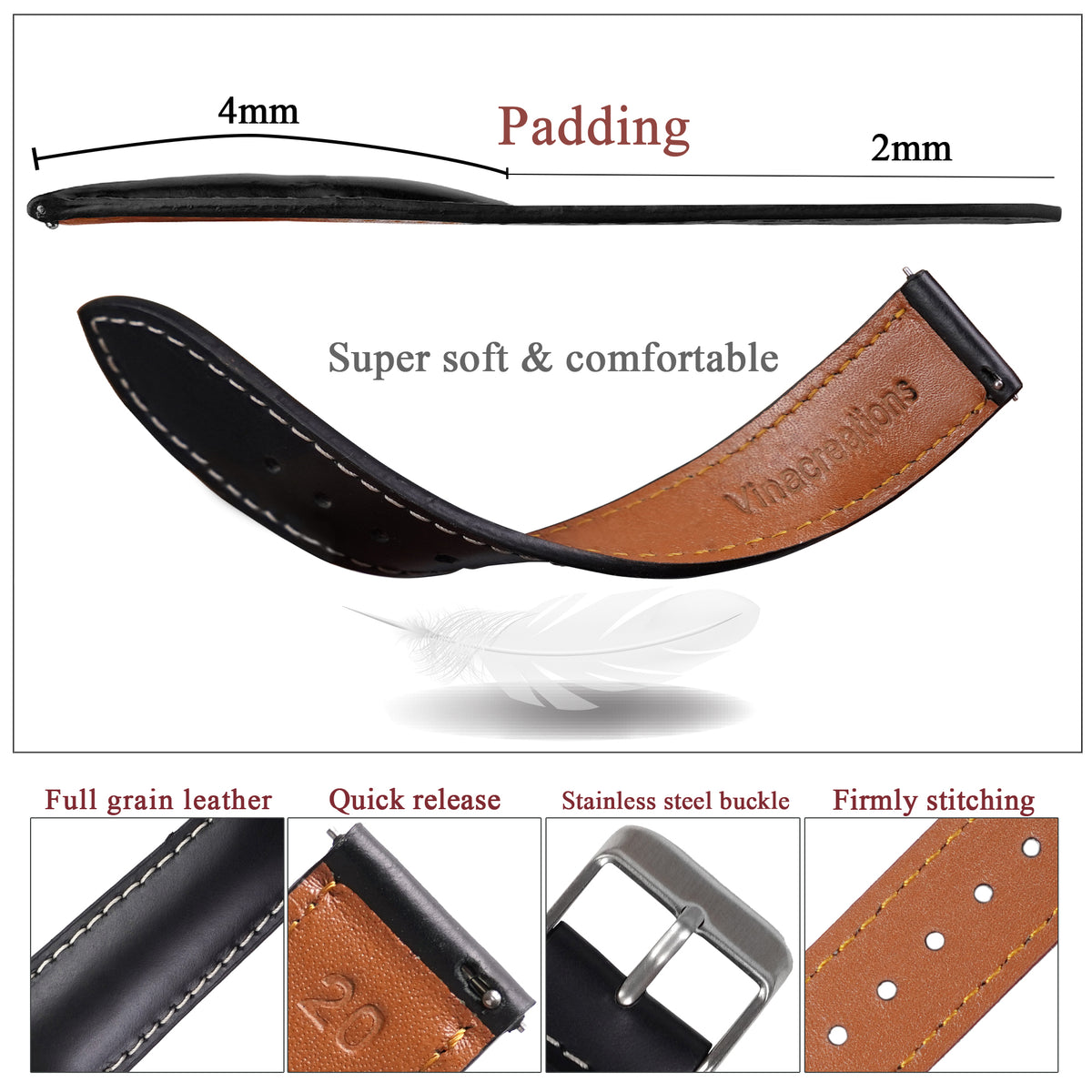 Padded Black Full Grain Watch Strap with White Stitching Quick Release