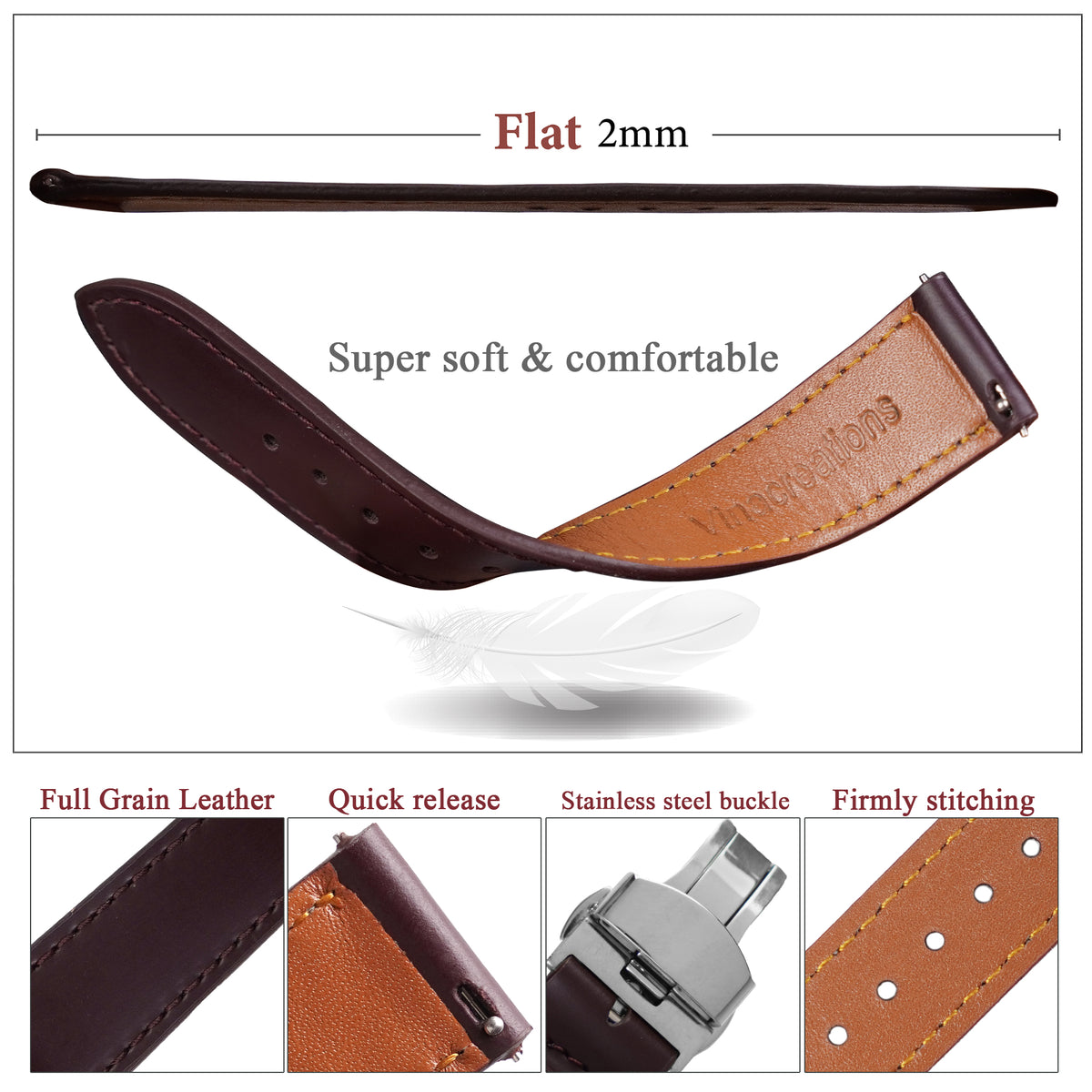 Burgundy Flat Full Grain Leather Watch Strap with Deployment Clasp