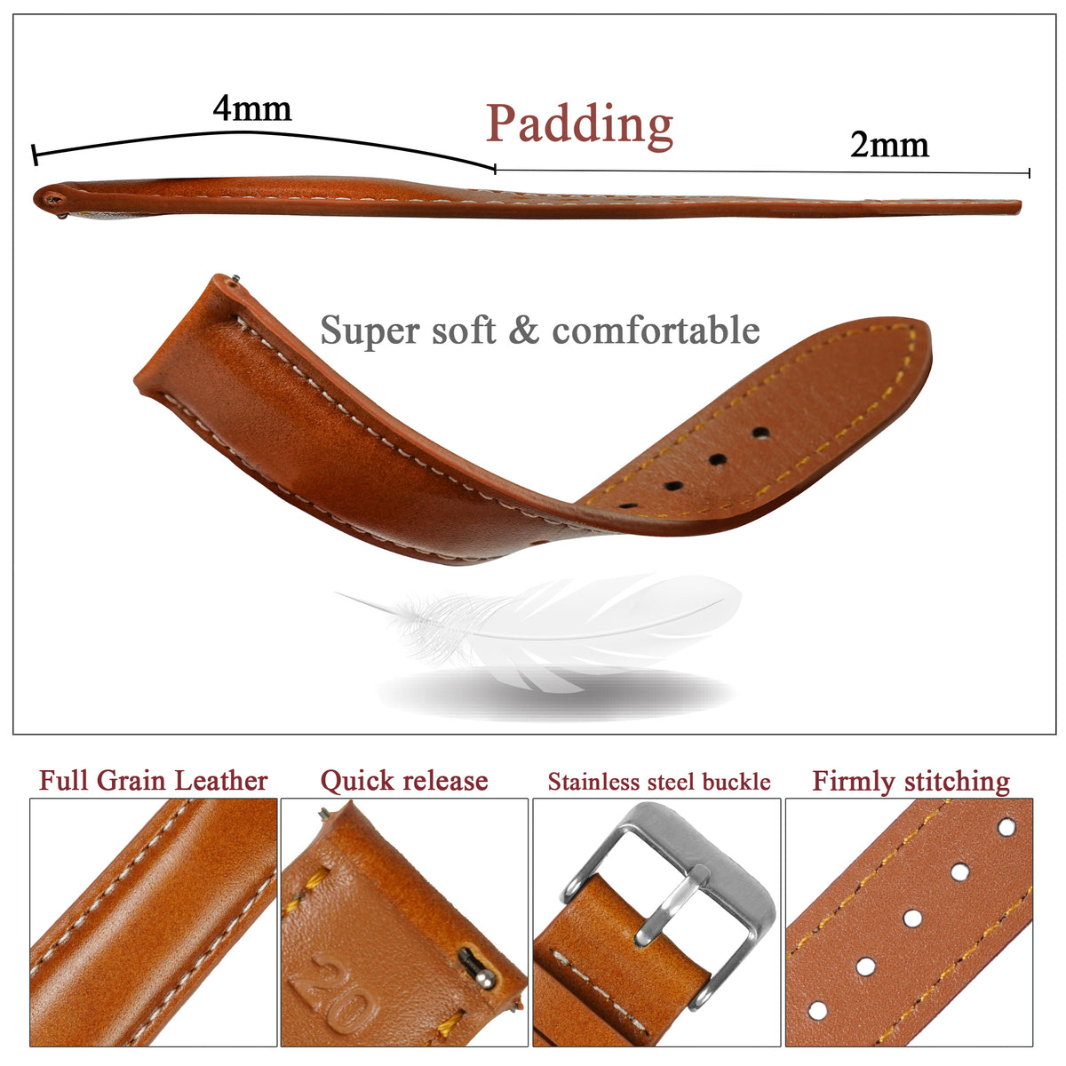Flat Tan Brown Full Grain Watch Strap with White Stitching Quick Release