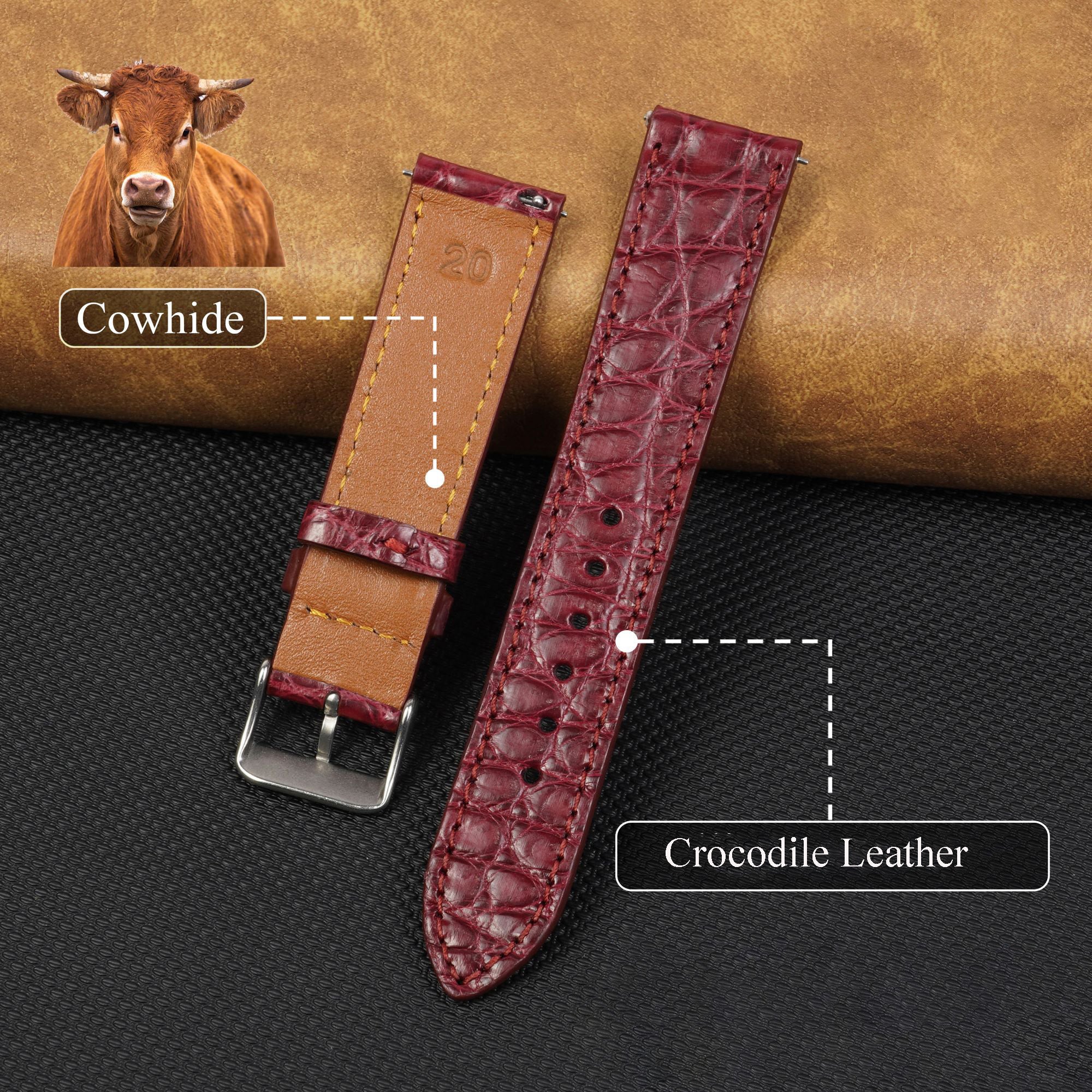 Burgundy Slim Alligator Leather Watch Band For Men Quick Release Red Crocodile Premium Flat Leather Watch Strap Replacement Bespoke
