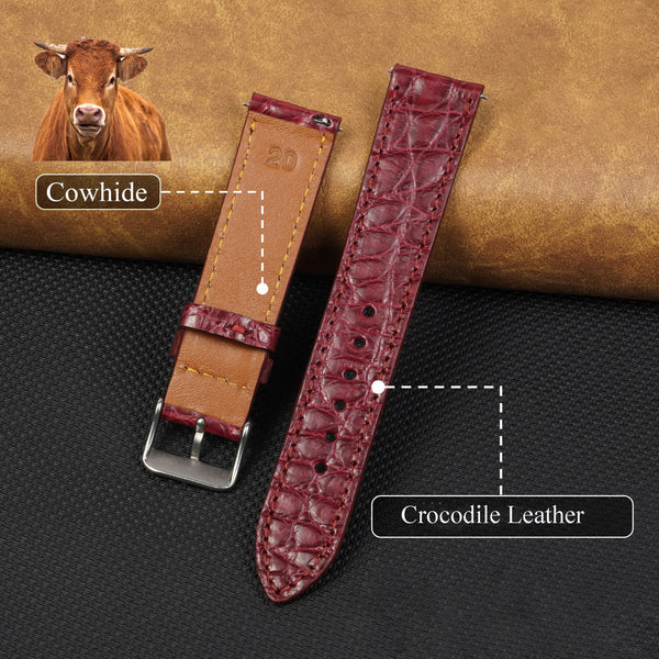 Burgundy Slim Alligator Leather Watch Strap For Men Quick Release Thin Crocodile Watch Band
