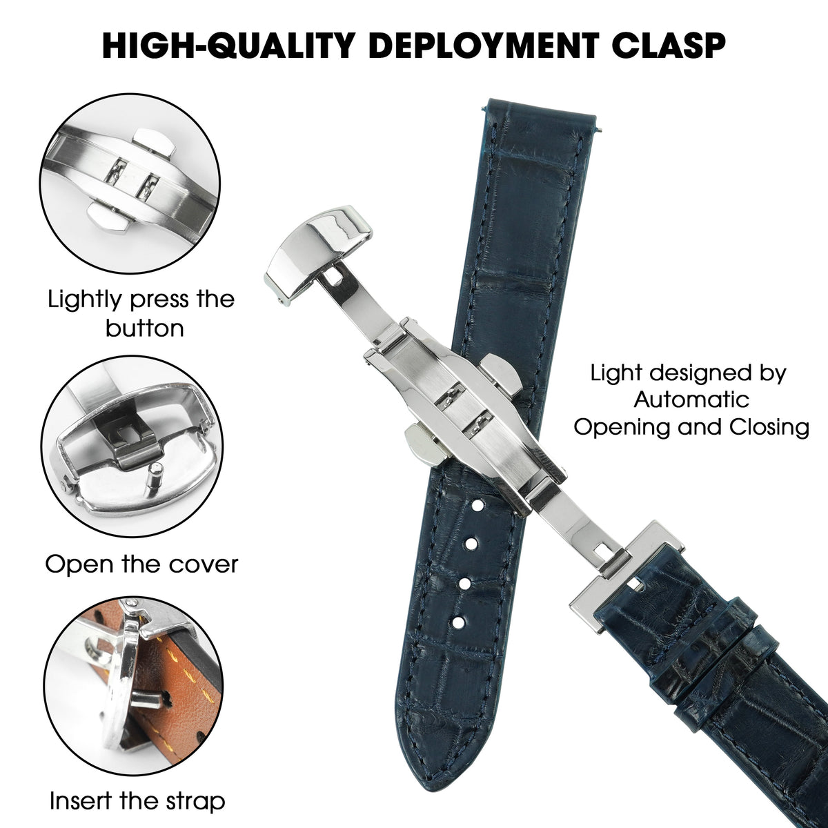 Blue Flat Alligator Belly Leather Watch Strap with Deployment Clasp