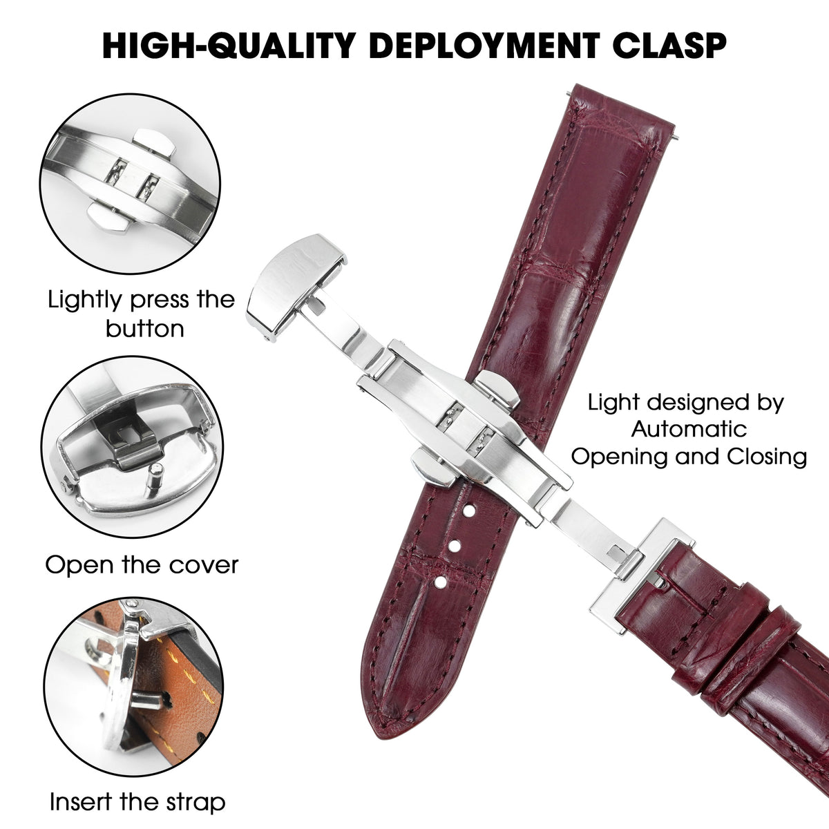 Burgundy Alligator Leather Watch Strap with Deployment Clasp