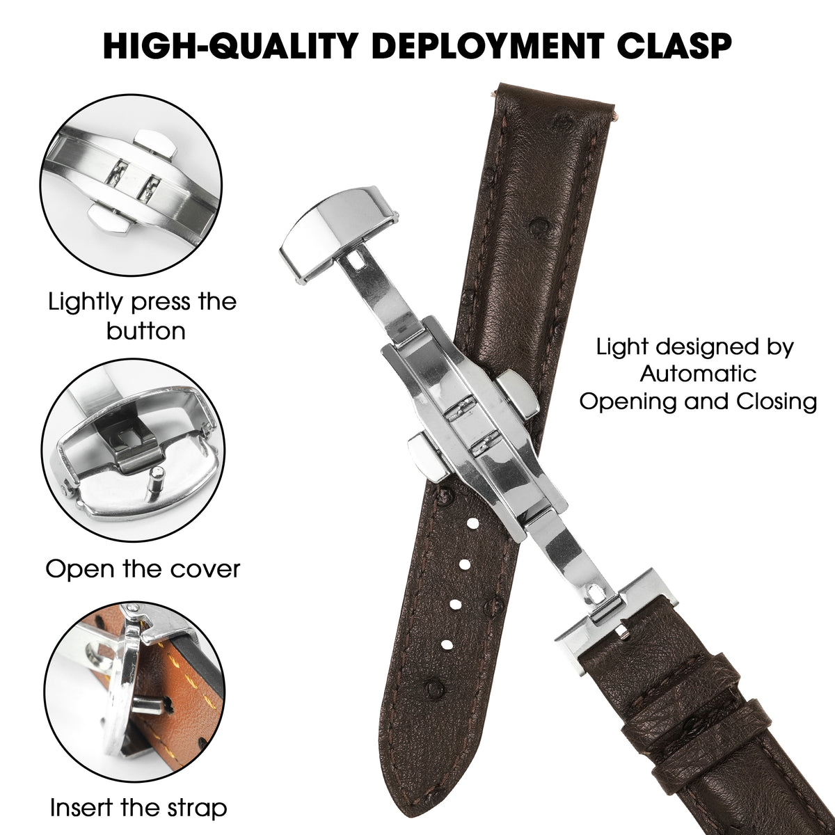 Dark Brown Ostrich Leather Watch Strap with Deployment Clasp
