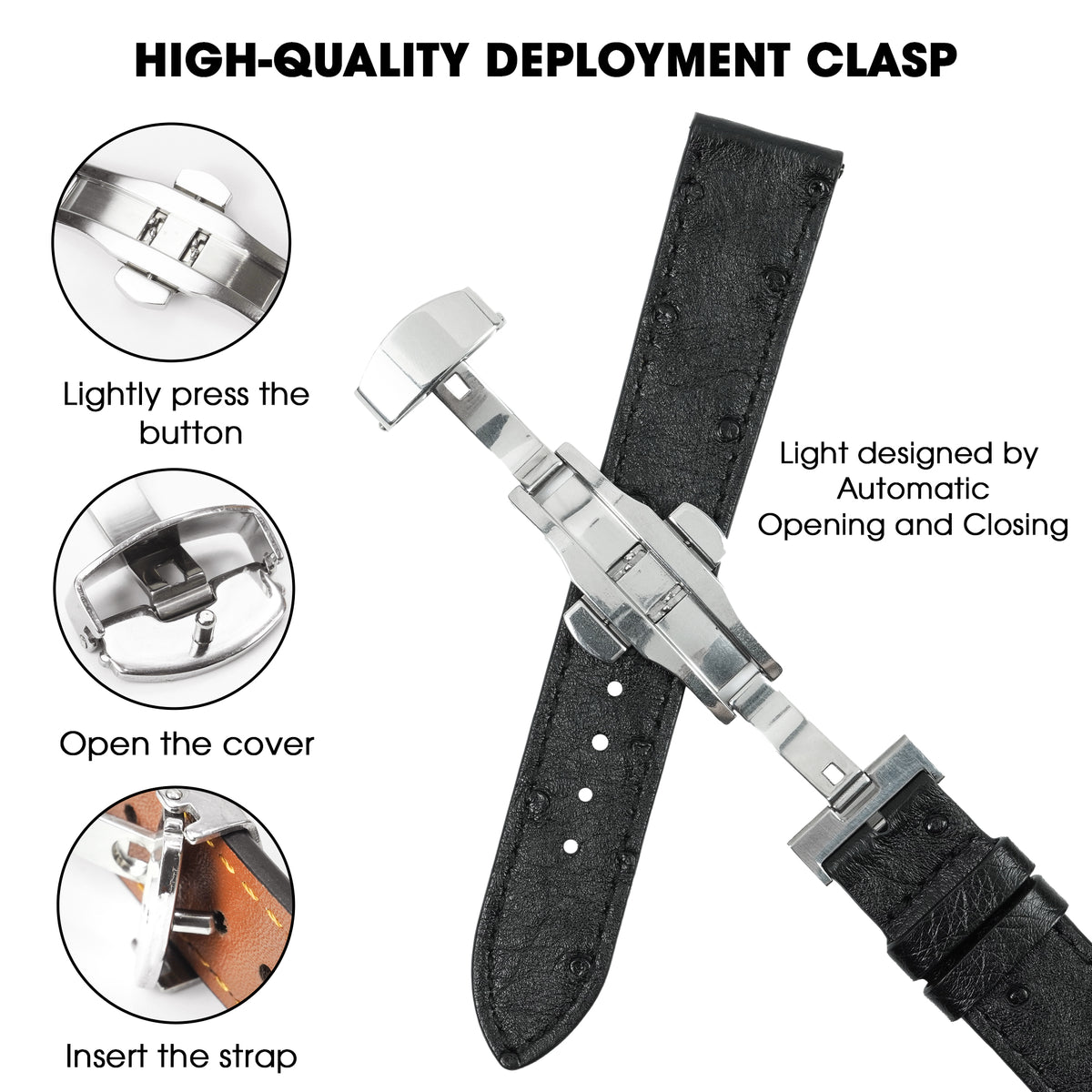 Slim Black FLat Ostrich Leather Watch Band width Deployment Clasp
