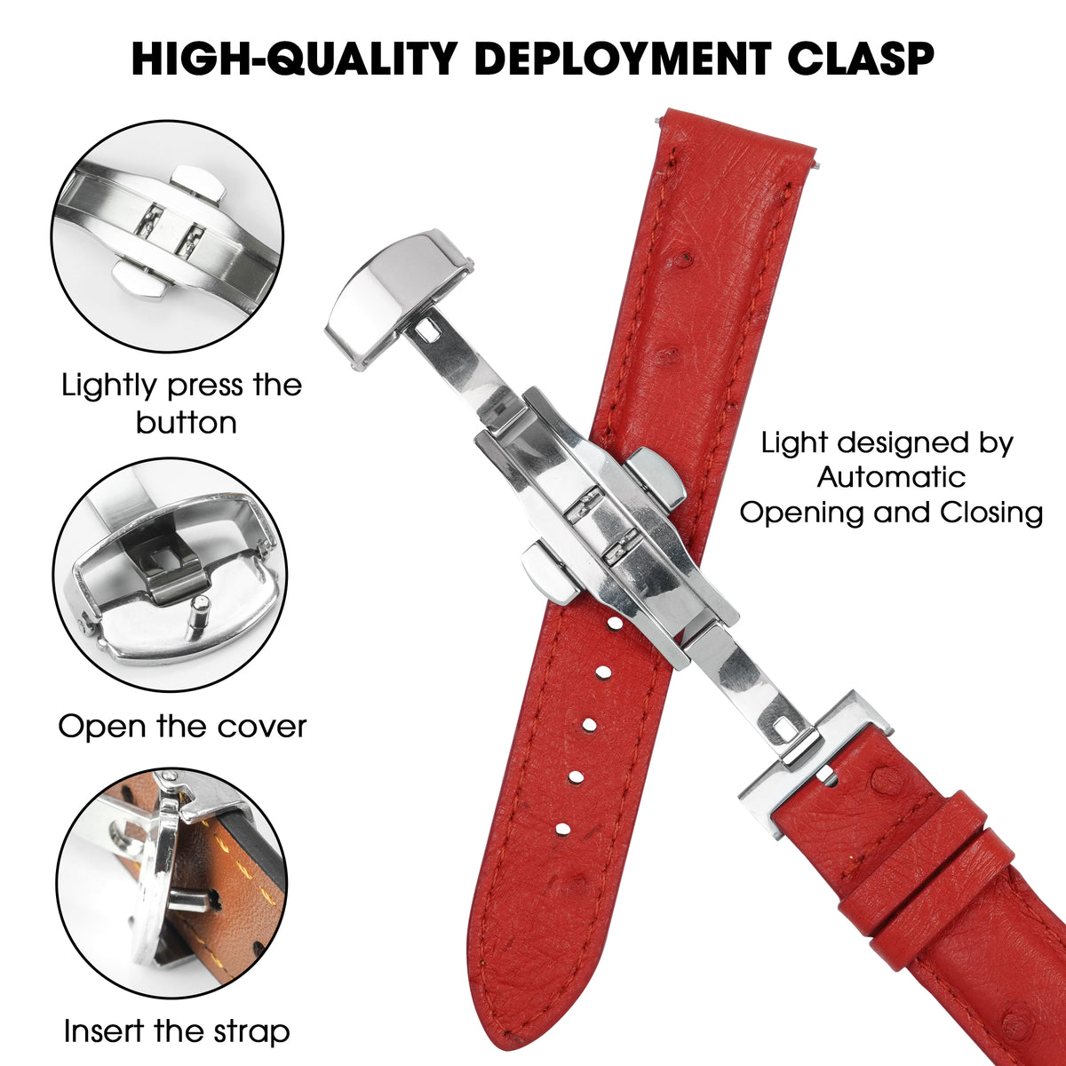 Red Ostrich Leather Watch Strap with Deployment Clasp