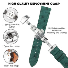 Slim Green FLat Ostrich Leather Watch Band width Deployment Clasp