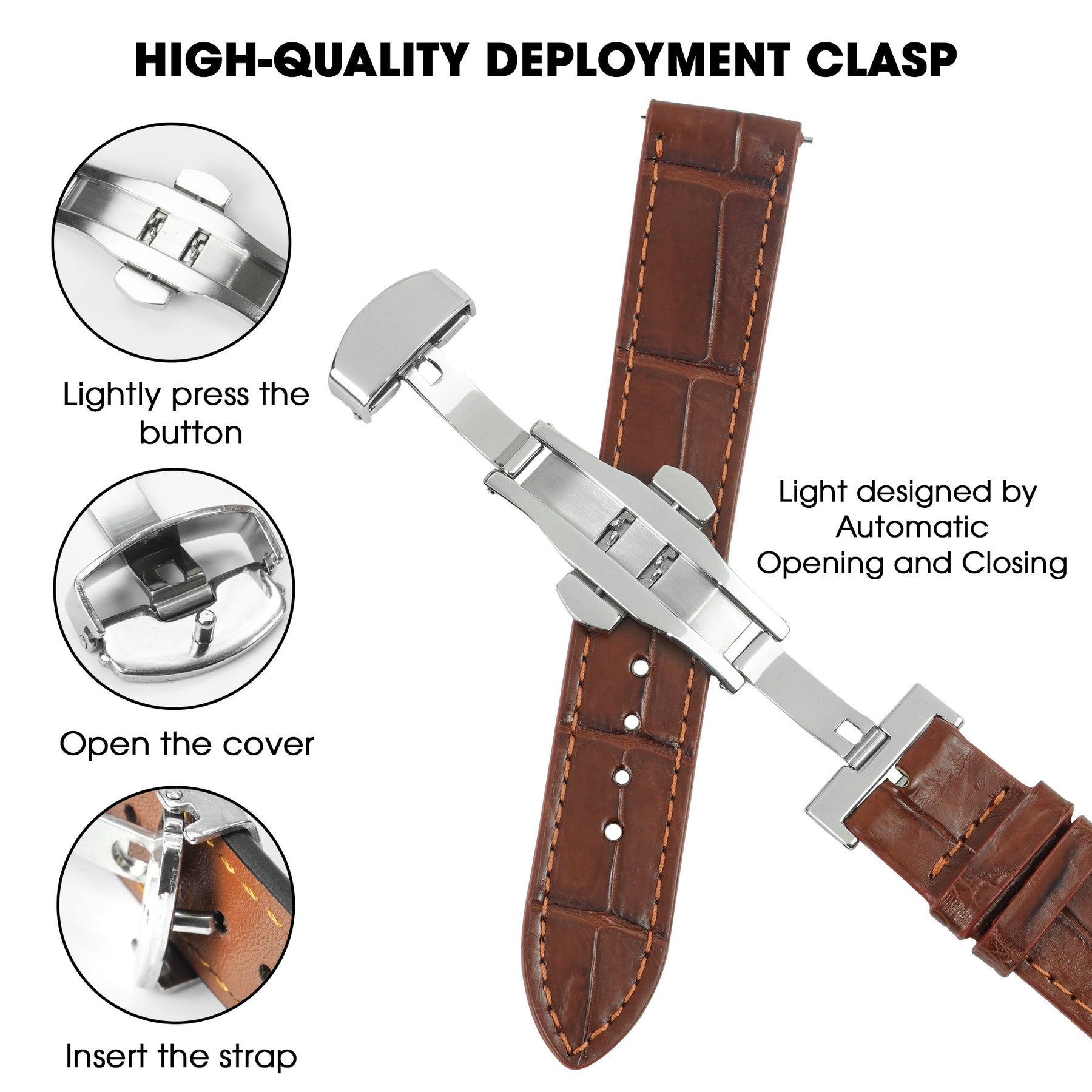 Light Brown Flat Alligator Belly Leather Watch Strap with Deployment Clasp