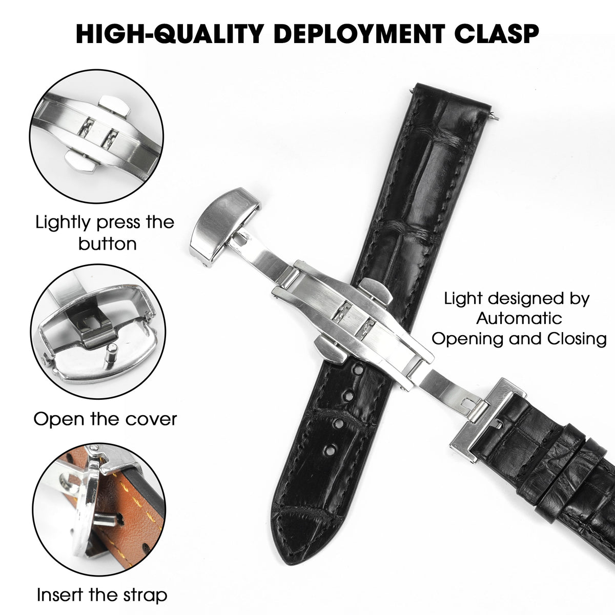 Black Alligator Leather Watch Strap with Deployment Clasp