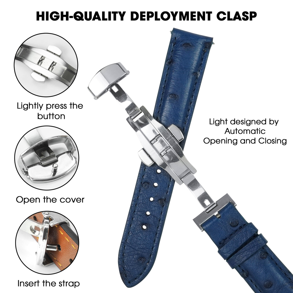 Blue Ostrich Leather Watch Strap with Deployment Clasp