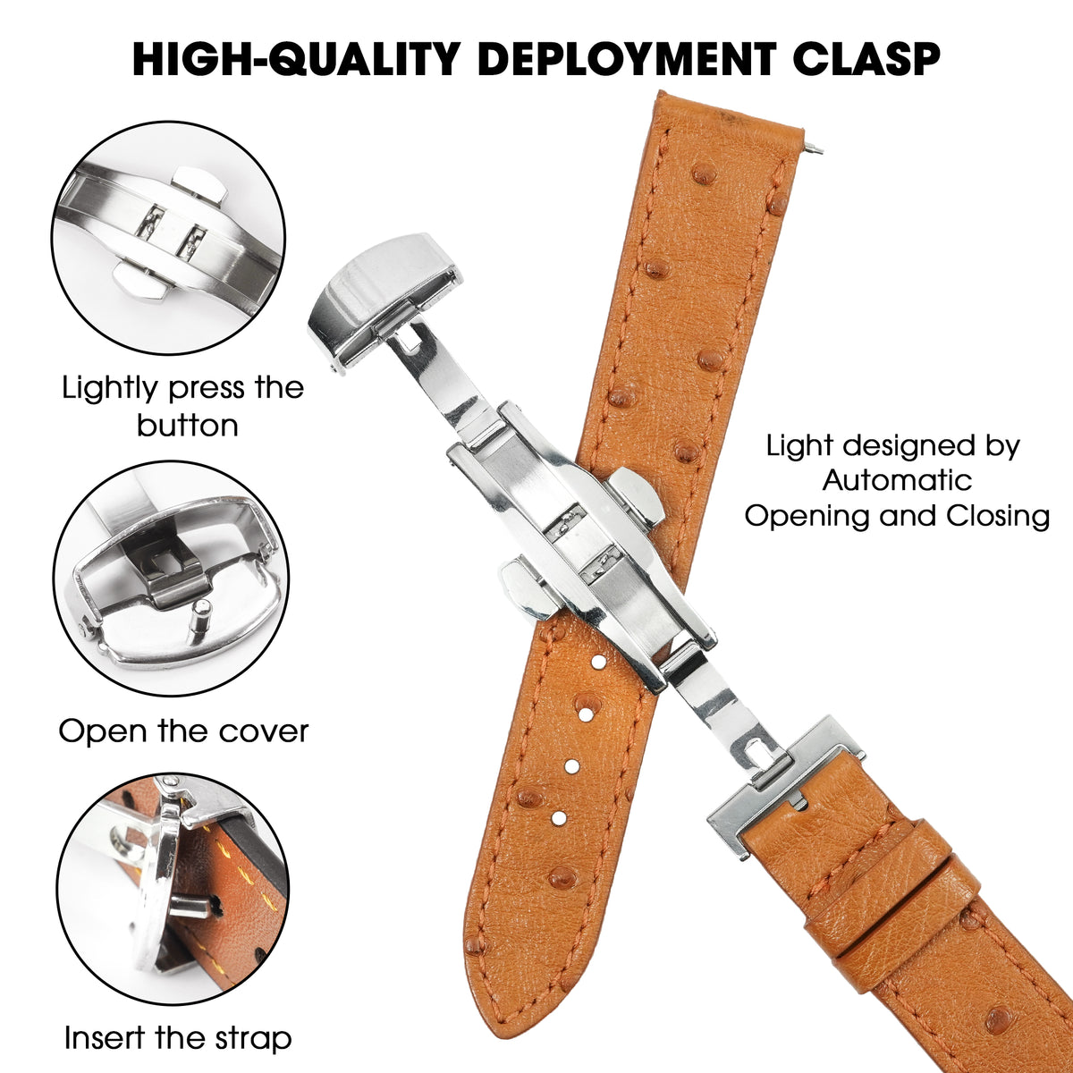 Slim Tan FLat Ostrich Leather Watch Band width Deployment Clasp