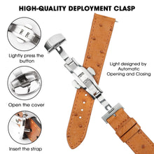 Slim Tan FLat Ostrich Leather Watch Band width Deployment Clasp