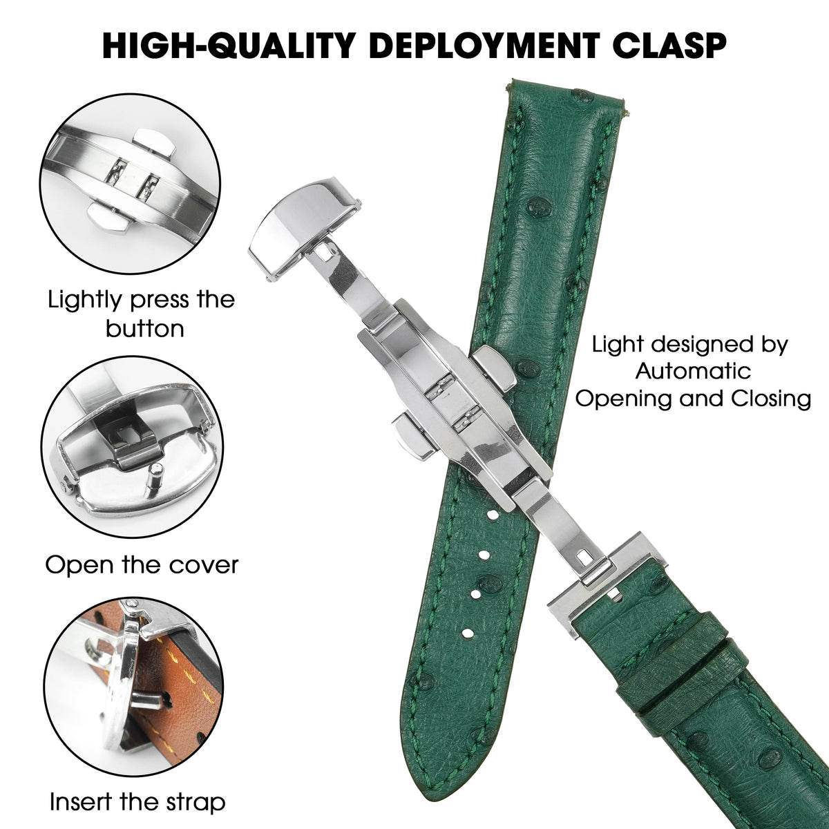 Green Ostrich Leather Watch Strap with Deployment Clasp