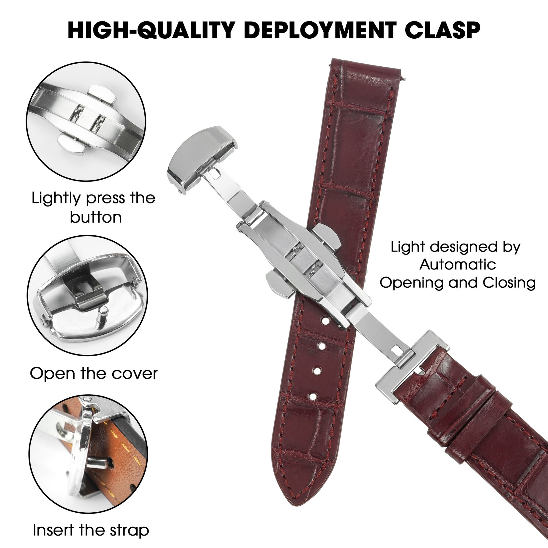 Burgundy Flat Alligator Belly Leather Watch Strap with Deployment Clasp