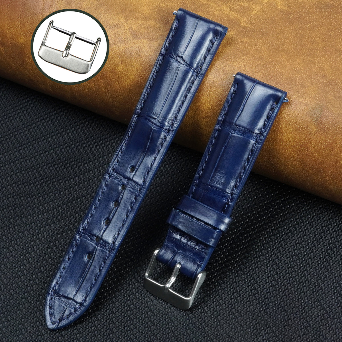 Hand Stitching Navy Blue Alligator Leather Watch Strap | DH-156