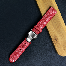 Padded Red Stingray Leather Watch Strap with Deployment Clasp