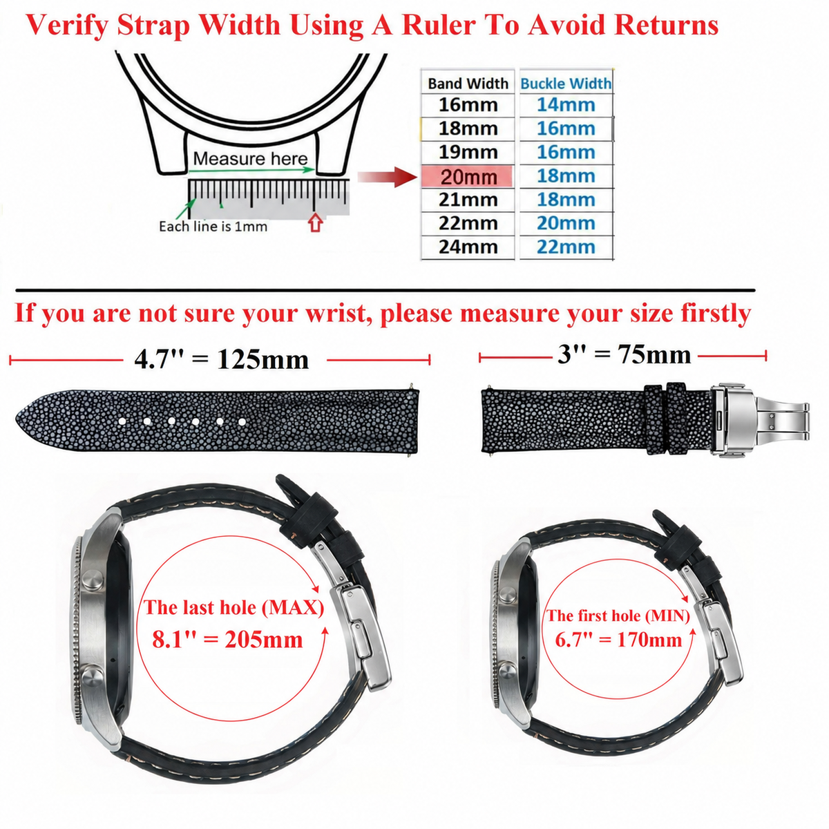 Padded Blue Stingray Leather Watch Strap with Deployment Clasp