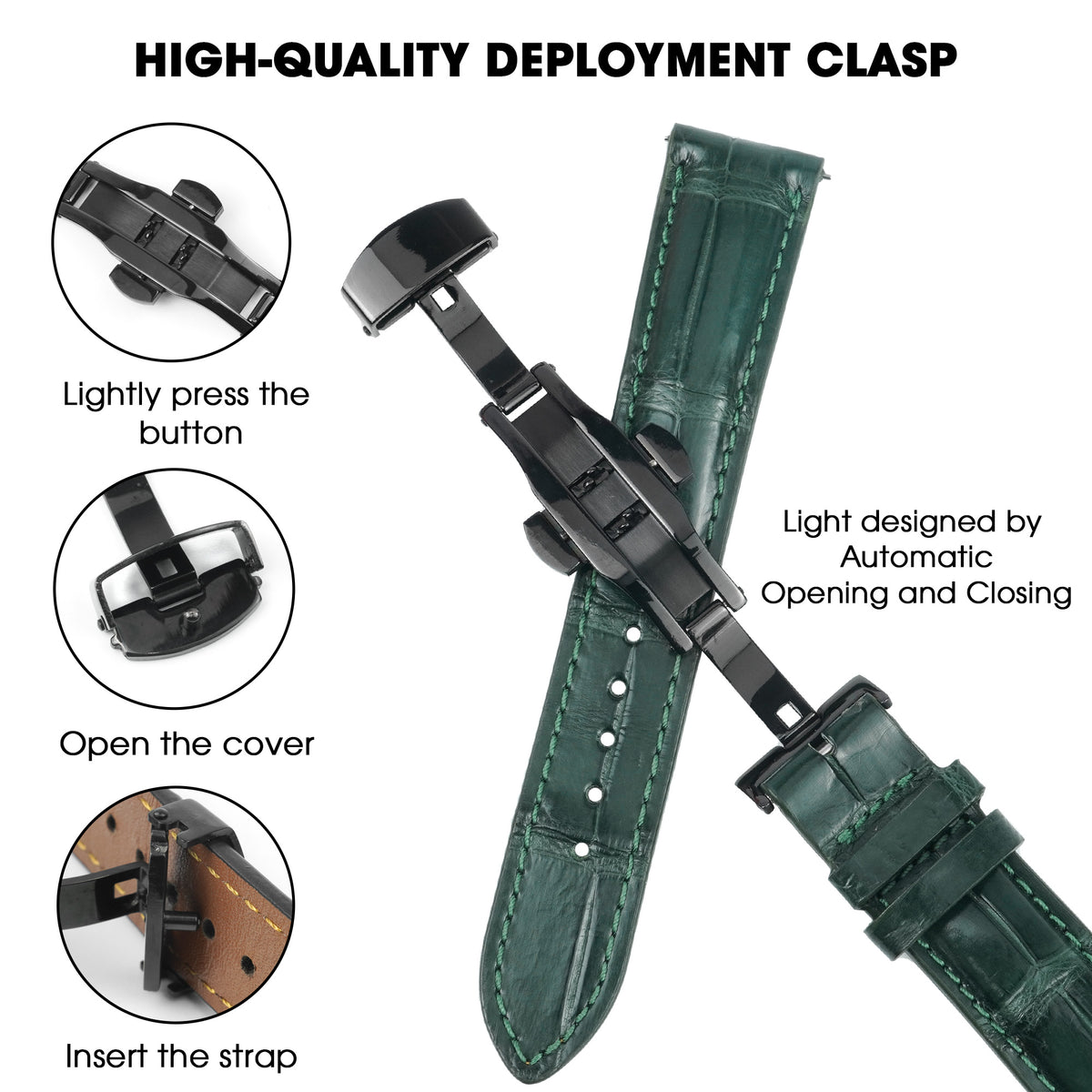 Flat Green Alligator Leather Watch Band, Crocdile Watch Strap