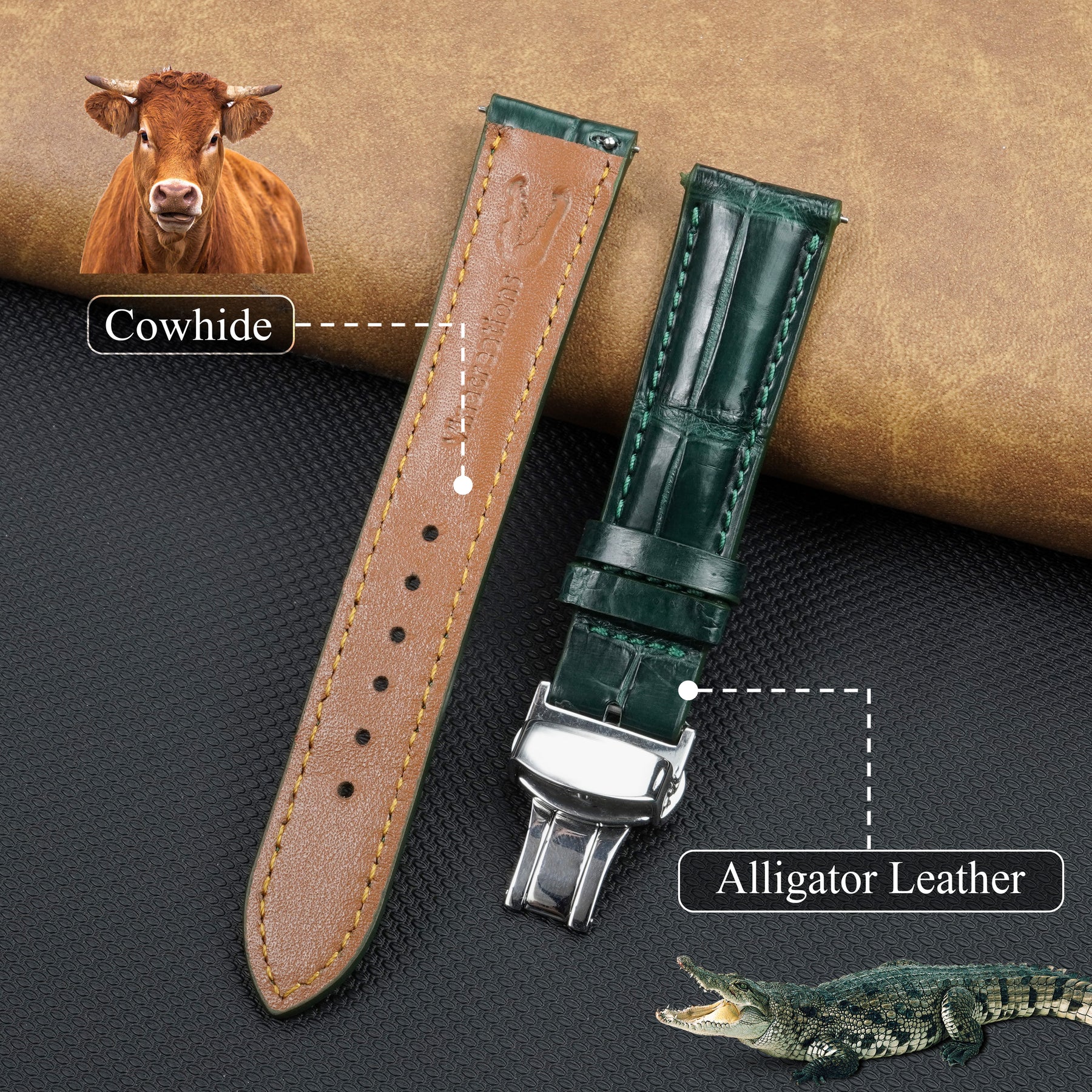 Green Alligator Leather Watch Strap with Deployment Clasp