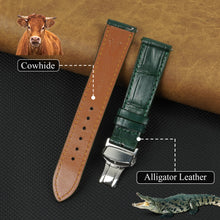 Green Flat Alligator Belly Leather Watch Strap with Deployment Clasp