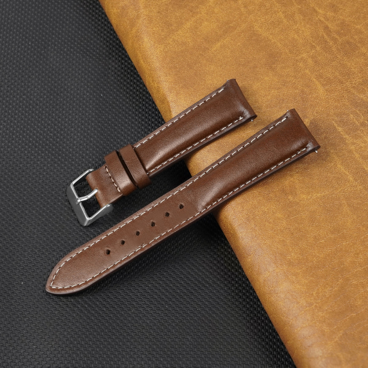 Padded Brown Full Grain Watch Strap with White Stitching Quick Release