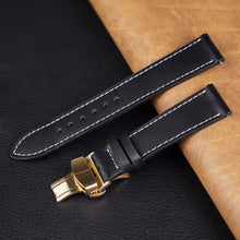 Black Flat Full Grain White Stiching Leather Watch Strap with Deployment Clasp DH-NO-211D
