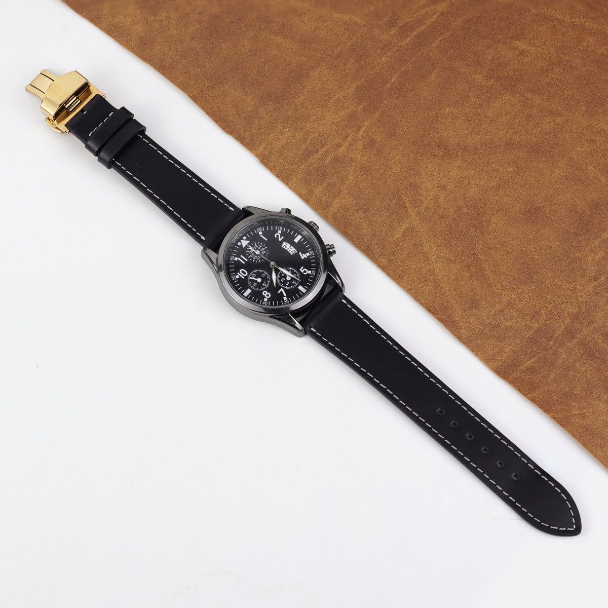 Black Flat Full Grain White Stiching Leather Watch Strap with Deployment Clasp DH-NO-211D