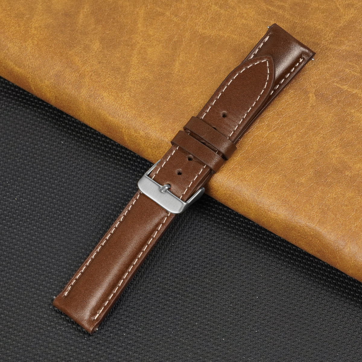 Padded Brown Full Grain Watch Strap with White Stitching Quick Release