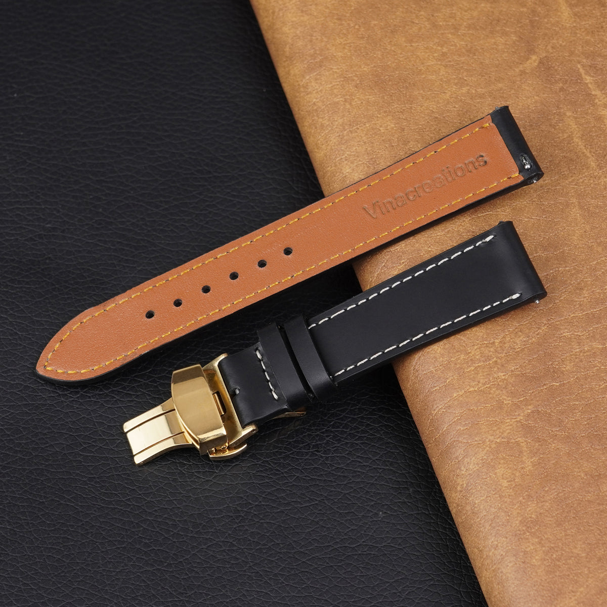 Black Flat Full Grain White Stiching Leather Watch Strap with Deployment Clasp DH-NO-211D