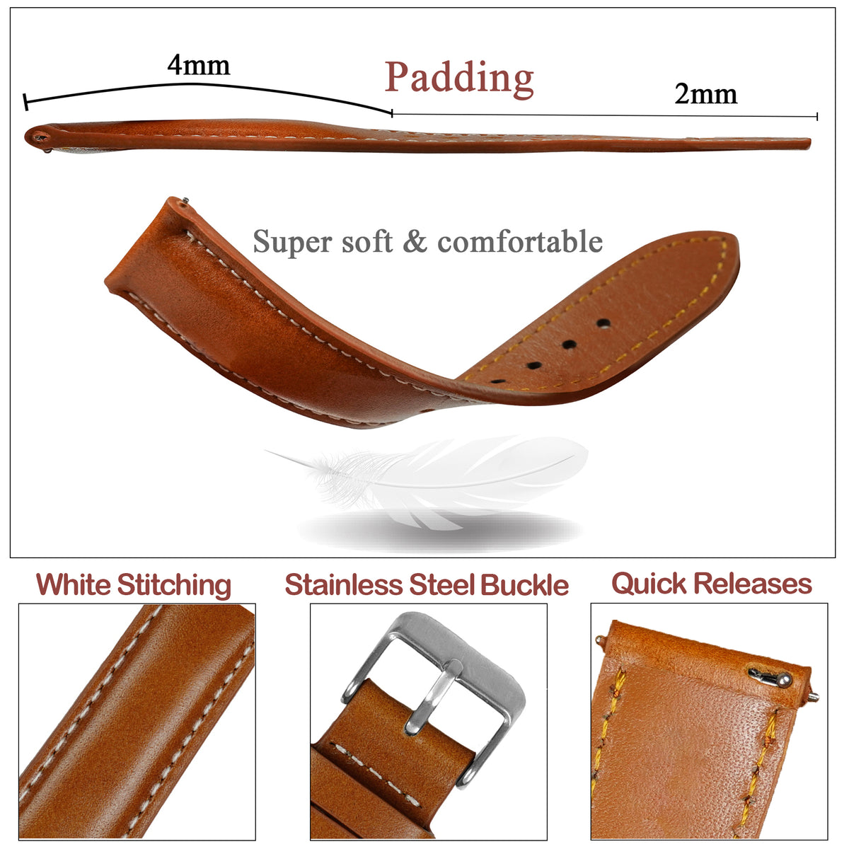 Padded Tan Brown Full Grain Watch Strap with White Stitching Quick Release