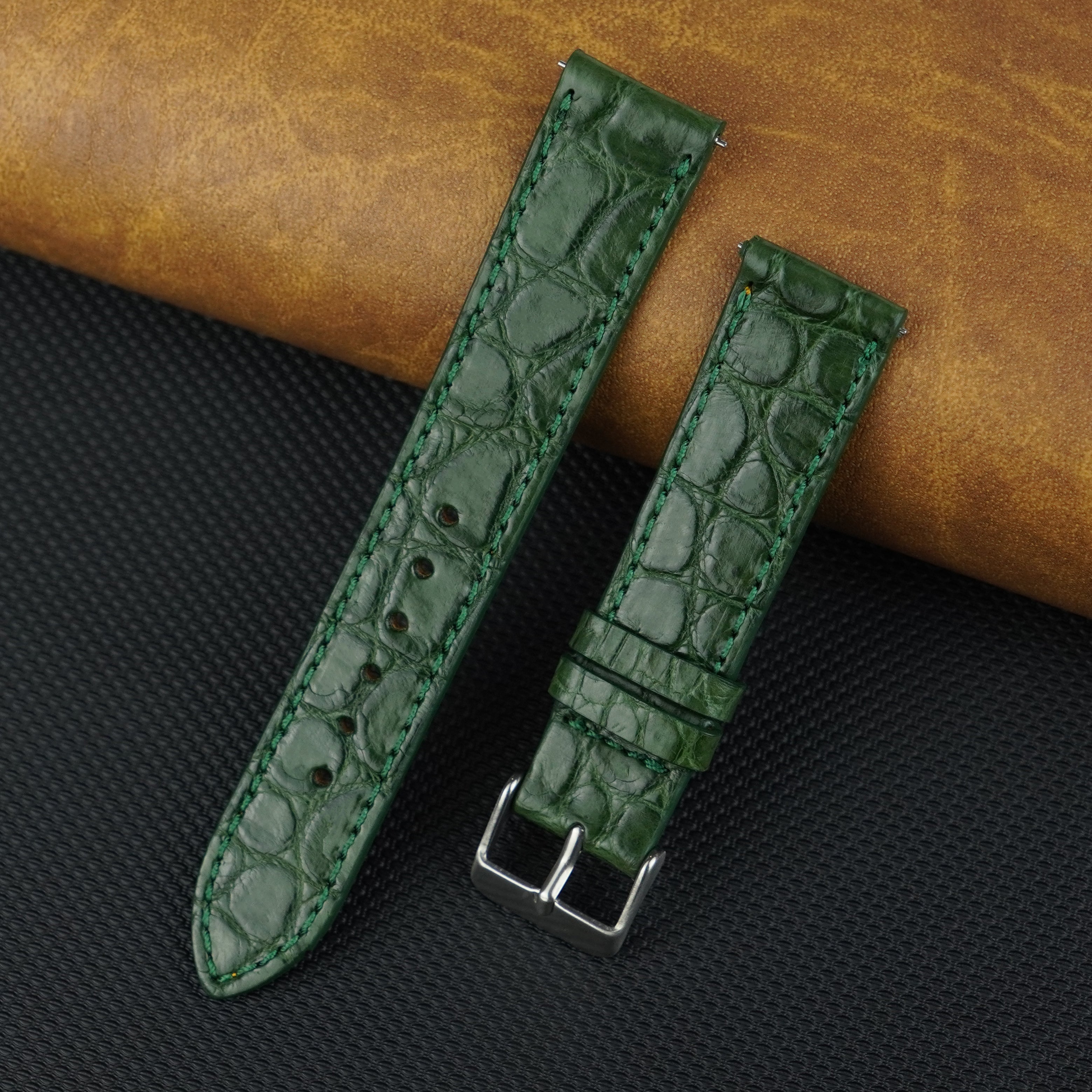 Green Slim Alligator Leather Watch Band For Men Quick Release Thin Croc Premium Flat Leather Watch Strap Replacement Bespoke