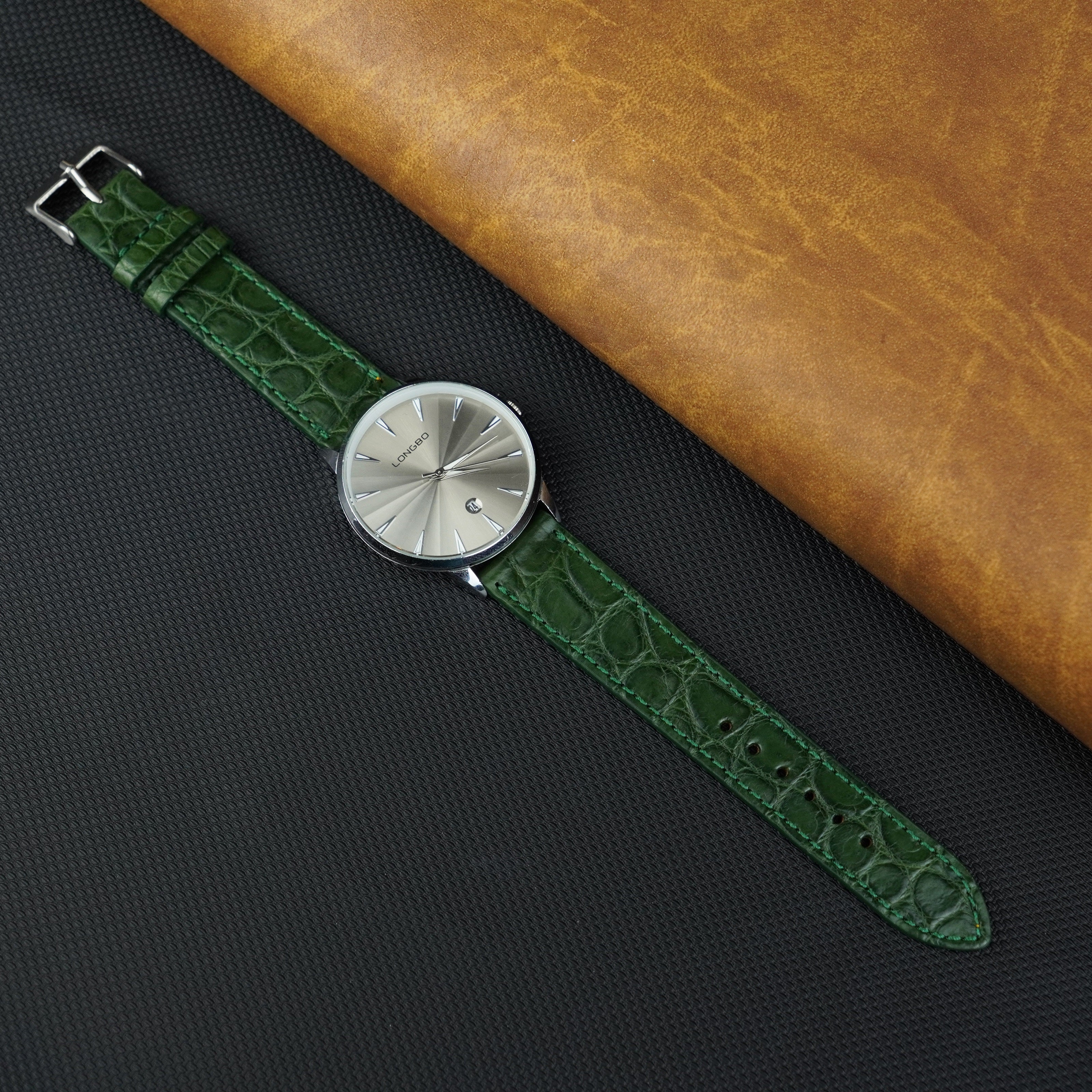 Green Slim Alligator Leather Watch Band For Men Quick Release Thin Croc Premium Flat Leather Watch Strap Replacement Bespoke
