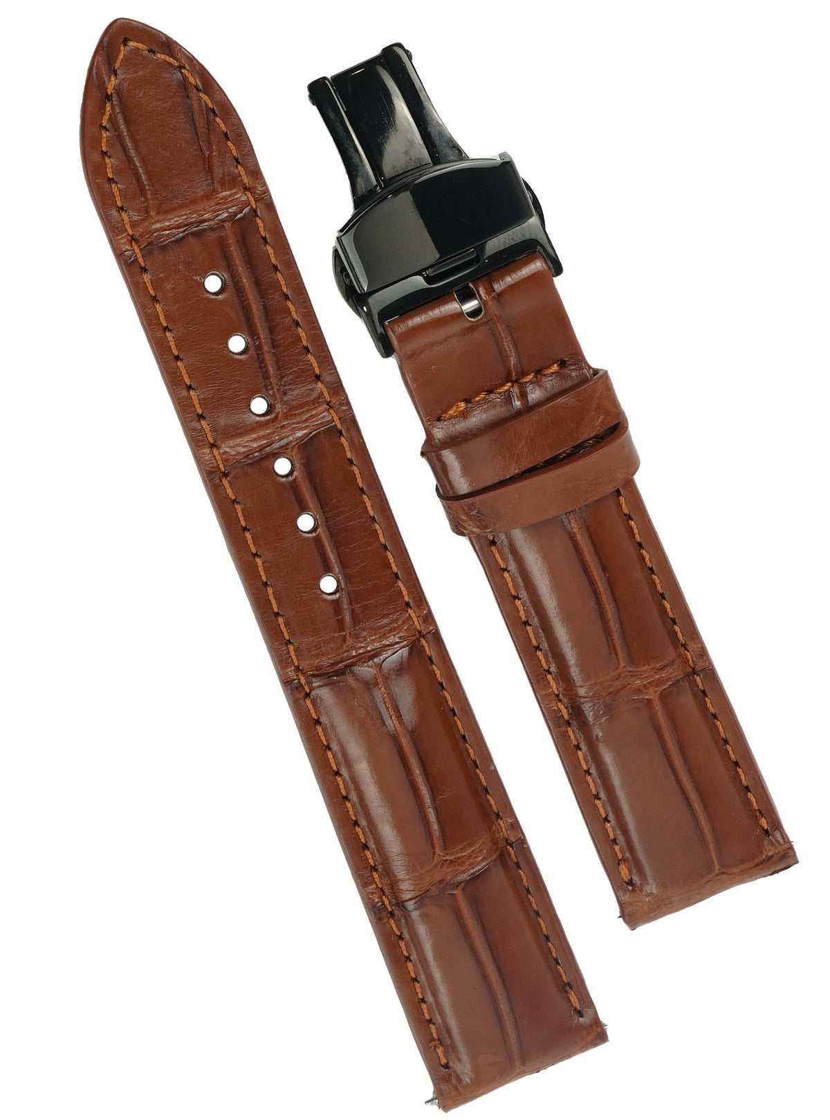 Flat Light Brown Deployment Alligator Leather Watch Band, Crocdile Watch Strap