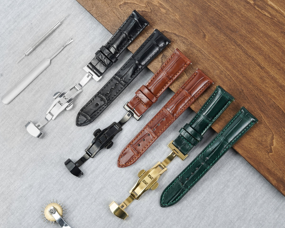 Flat Light Brown Deployment Alligator Leather Watch Band, Crocdile Watch Strap