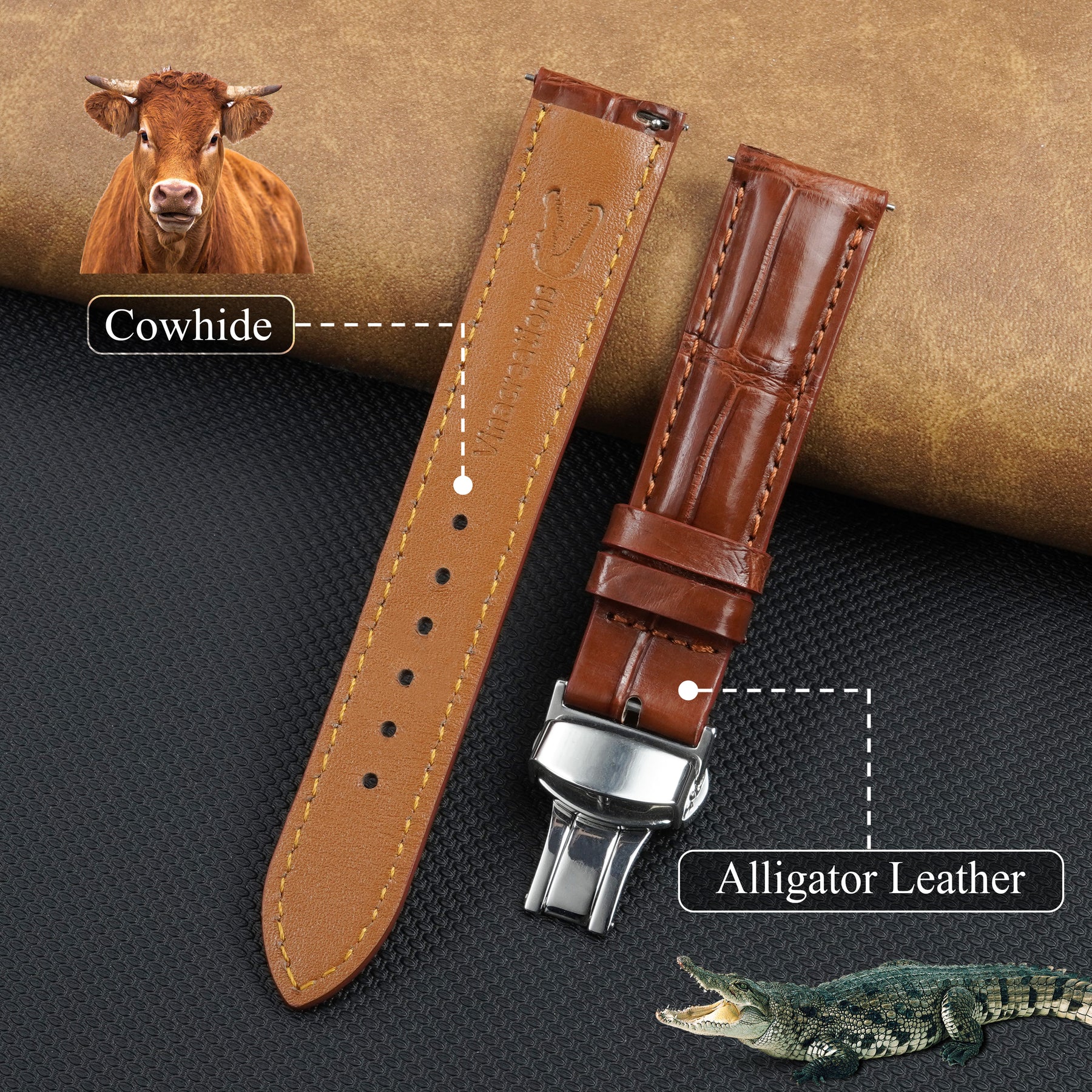 Light Brown Alligator Leather Watch Strap with Deployment Clasp