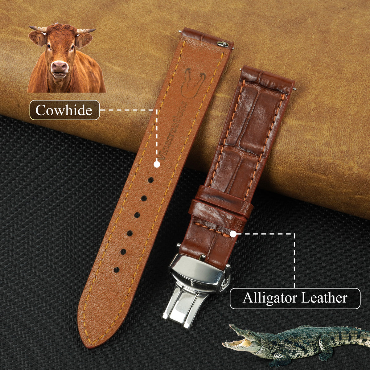 Light Brown Flat Alligator Belly Leather Watch Strap with Deployment Clasp