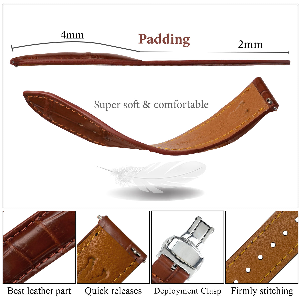 Light Brown Alligator Leather Watch Strap with Deployment Clasp