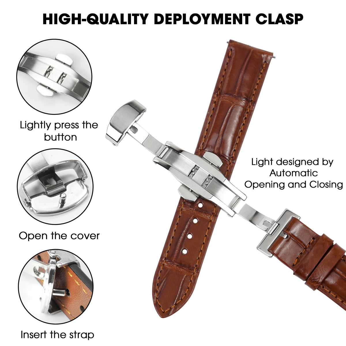 Light Brown Alligator Leather Watch Strap with Deployment Clasp