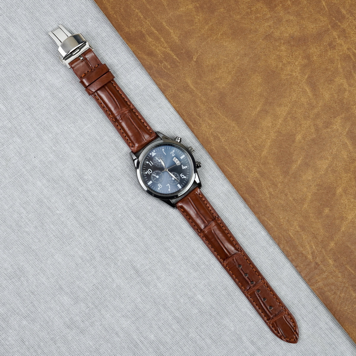 Light Brown Alligator Leather Watch Strap with Deployment Clasp