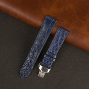 Blue Alligator Flat Leather Watch Strap with Deployment Clasp