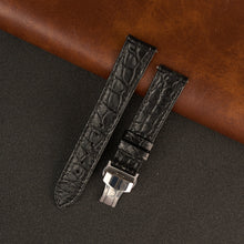 Black Alligator Flat Leather Watch Strap with Deployment Clasp