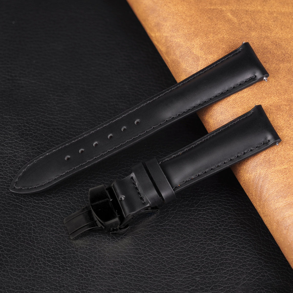 Padded Black Full Grain Leather Watch Strap with Deployment Clasp