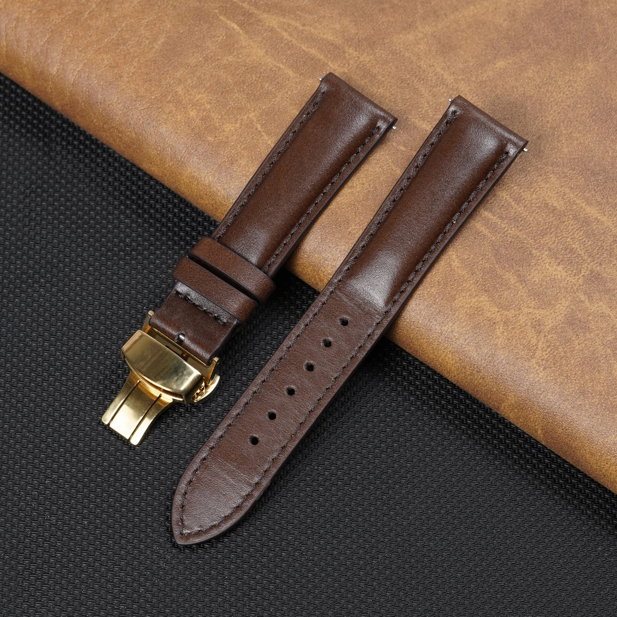 Padded Brown Full Grain Leather Watch Strap with Deployment Clasp
