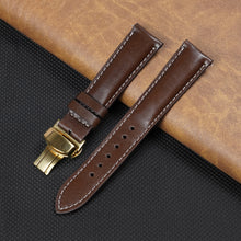 Brown Full Grain Watch Strap with White Stitching and Deployment Clasp